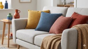 シンプルなソファにカラフルなクッションや小物でアクセントカラーを取り入れた例