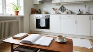 バランスの取れた一人暮らしの風景。手帳と本、温かいお茶が置かれたテーブルの奥に、明るいキッチンが見える。