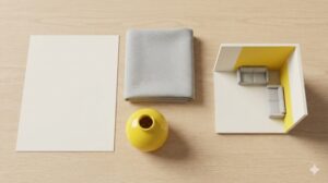 ベースカラー、メインカラー、アクセントカラーの3つの役割を示す色見本と部屋の模型