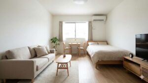 一人暮らしの部屋で、ソファ、ベッド、ダイニングセットがバランスよく配置され、動線と余白が確保された明るい室内の様子