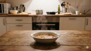 温かいスープが入ったボウルと穏やかな夜のキッチン