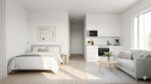 自然光が差し込む、明るく清潔感のあるワンルームマンションの全体写真。ベッド、キッチン、リビングエリアが完璧に整っており、理想的な一人暮らしの空間。