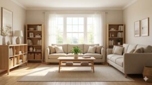 朝日が差し込む、明るく整った心地よいリビングルームの全体像