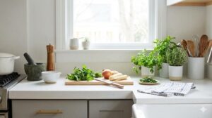 窓から光が差し込む明るく清潔なキッチンとハーブ