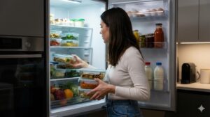 忙しい夜に冷蔵庫から作り置きの保存容器を複数取り出す女性