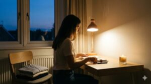 休日の夜、デスクライトの明かりの下で手帳を開き、翌日の準備を穏やかに行う女性。