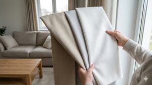 実際の部屋の窓辺で、数種類のカーテン生地サンプルを手に持ち、インテリアとの相性を確認している様子