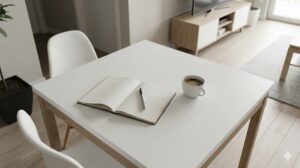 片付いたダイニングテーブルの上に、開いたノートとペン、コーヒーカップが置かれている様子を上から撮影した写真。思考を整理する時間を表現。