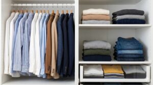 ハンガーにかけた服と棚にたたんだ服が使い分けられ、余白を持って収納されたクローゼット