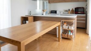 テーブルの上や床に物が置かれていない、掃除がしやすい清潔なダイニングキッチン