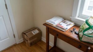 一人暮らしの玄関。テーブルの上には未開封の郵便物やチラシが山積みになり、床の隅には宅配便の段ボールが置かれたままになっている様子。