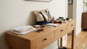 郵便物や鍵が置かれた少し散らかった玄関の棚