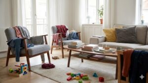 散らかって物が溢れたリビングルームの様子