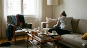 散らかったリビングで頭を抱える一人暮らしの女性の後ろ姿