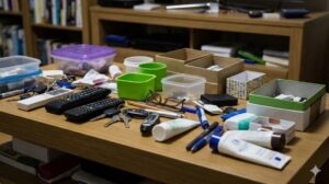 小物で散らかりごちゃごちゃしたリビングのテーブルと棚の写真