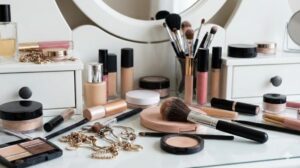 メイク道具やアクセサリーが少し乱雑に置かれたドレッサーの様子