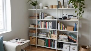 リビングのオープンシェルフに本や雑貨がぎっしりと詰め込まれ、視覚的に情報量が多い状態。手前のサイドテーブルには充電ケーブルやヘアゴムなどの小物が散らばっている。