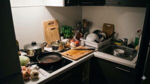 調理器具や食材で溢れかえり、洗い物が溜まった狭い一人暮らしのキッチン