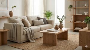 色数を絞ってまとまりを出したリビングルームのコーディネート例。ベージュのソファ、木製家具、ジュートラグなど、ベースカラーと同系色で統一することで、落ち着きのある洗練された空間を演出している。