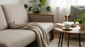 完璧すぎず心地よく整えられた、人の暮らしの温かみを感じるリラックスしたリビングの一角。