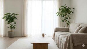 自然光が差し込むミニマルで心地よいリビングルーム