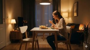 温かい雰囲気の部屋で自炊した夕食を笑顔で楽しむ女性