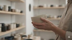 店先で商品を手に取り購入を考えている手元