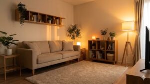 温かい照明と統一感のある色使いで整えられた心地よい一人暮らしの部屋