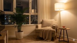 夜のリビングルーム。温かい間接照明が灯り、心地よいアームチェアと観葉植物が配置されている。窓からは夜景が見え、リラックスできる快適な空間。