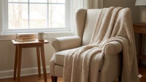 窓辺のアームチェアとサイドテーブルがある心地よい読書スペース