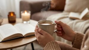 温かい飲み物が入ったマグカップを持つ手と、キャンドルや本があるリラックスしたリビング