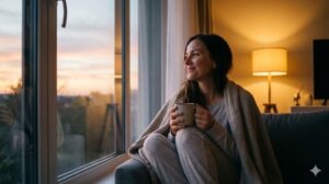 休日の夕暮れ時、窓辺で心地よく過ごした一日を穏やかに振り返る女性。