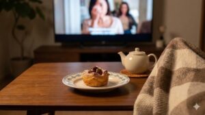 テーブルに用意されたおやつと紅茶、テレビで映画が流れるリラックスした休日の様子
