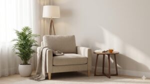 柔らかな自然光が差し込む、観葉植物とアームチェアが置かれた心地よいリビングルームの一角。整った置き方の結果としての穏やかな空間。