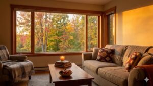 夕暮れ時に窓から見える美しい紅葉と、キャンドルの光に包まれた温かいリビングルーム全体像