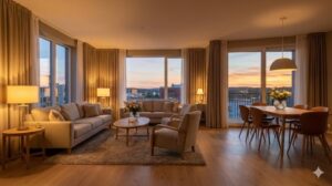 夕暮れ時の温かい光に包まれた、カーテンと家具が調和した心地よいリビングダイニング全体の様子