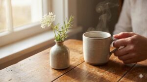 小さな一輪挿しの花と湯気の立つマグカップが置かれた木製のテーブル。差し込む陽の光が温かい雰囲気を醸し出している。