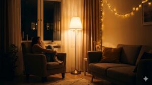 夜のリビングで温かい間接照明に包まれて一人リラックスする様子