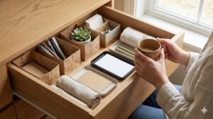 身近な素材の仕切りで美しく整理された引き出しと、それを眺めてくつろぐ人の様子。心地よい暮らしを実現した収納のまとめ画像。