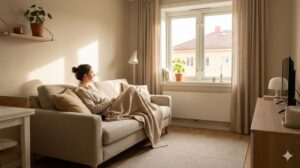 日当たりの良い狭い部屋のソファでくつろぐ女性