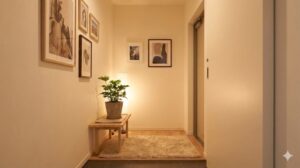 植物やアートが飾られ狭くても居心地の良さを感じる温かい雰囲気の玄関