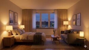 温かい照明に包まれた快適でおしゃれな一人暮らしの部屋