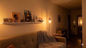 自分らしいアートや趣味のアイテムを飾った魅せる収納で、心地よい空間になったワンルームの夕景