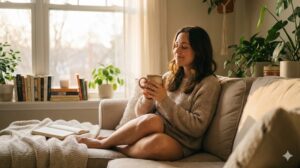 温かい光が差し込む窓辺のソファで、マグカップを手に目を閉じて微笑む女性。無理なく続ける小さな習慣がもたらす、心地よく安心できる家時間の象徴。