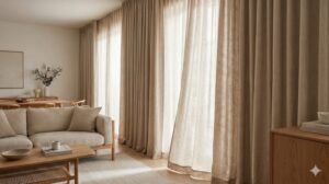 リビングルームの大きな窓にかかる質感のあるベージュのリネンカーテンが、部屋全体の落ち着いた雰囲気を強調している様子