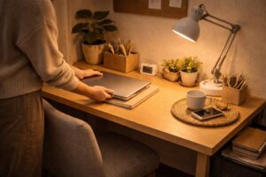 夜にデスクを整えノートパソコンを閉じるリセット習慣