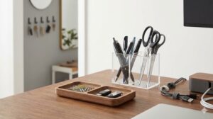 デスク周りの文房具やケーブルを立てたりトレーで整理したりする収納アイデアの実例写真