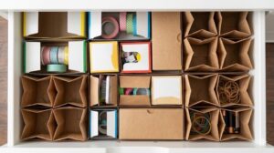 空き箱や紙袋を再利用して作られたDIY仕切りで整理された引き出しの中身