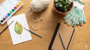 木のテーブルの上に並べられた水彩画セット、毛糸と編み針、小さな観葉植物、日記帳などの趣味の道具。気軽に始められる趣味のイメージ。