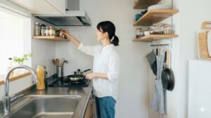 キッチンで手の届く範囲の棚から物を取る女性